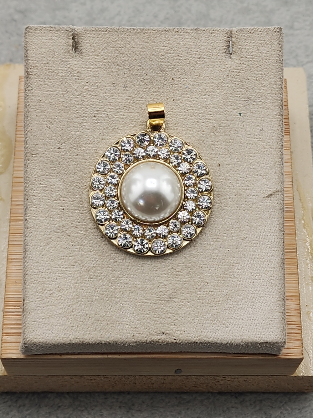 Gold Pearl Tone and Crystal Round Pendant